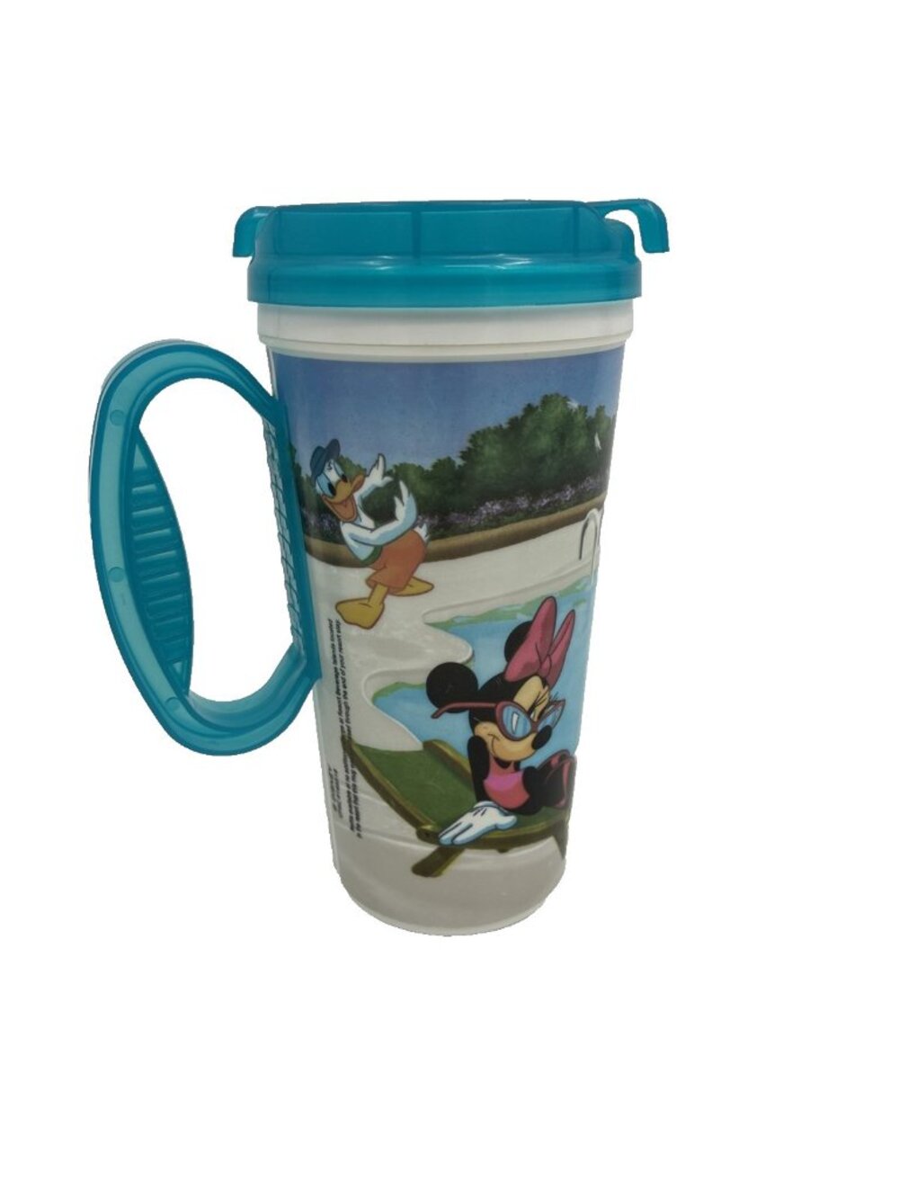 Disney Parks Mickey Minnie Donald Duck Souvenir Travel Cup Mug Teal Handle